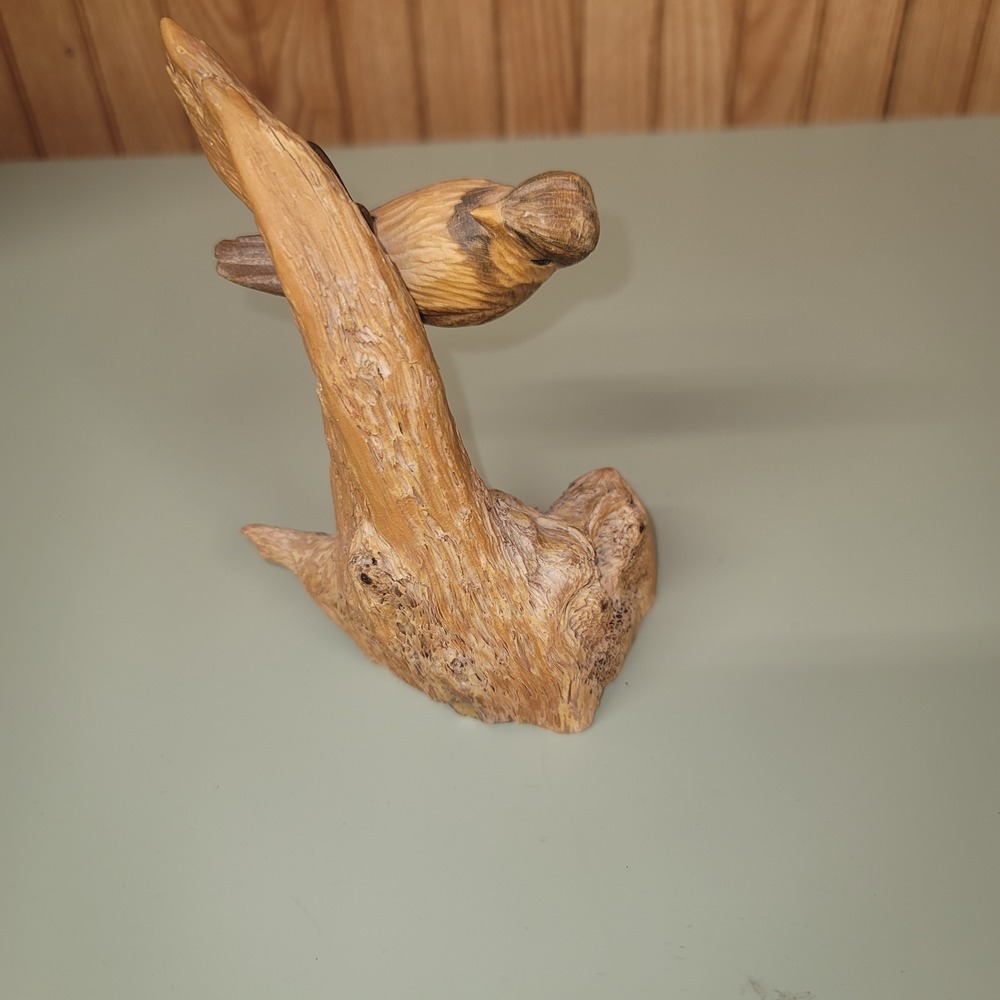 Hand Carved Wood Bird Figurine on Burl Wood Base Rustic Folk Art Sculpture 5in